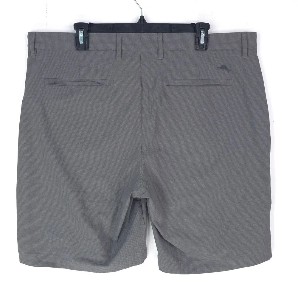 Tommy Bahama Men 38 Gray Micro Grid Golf Chip Shot Shorts Flat Front Marlin Logo